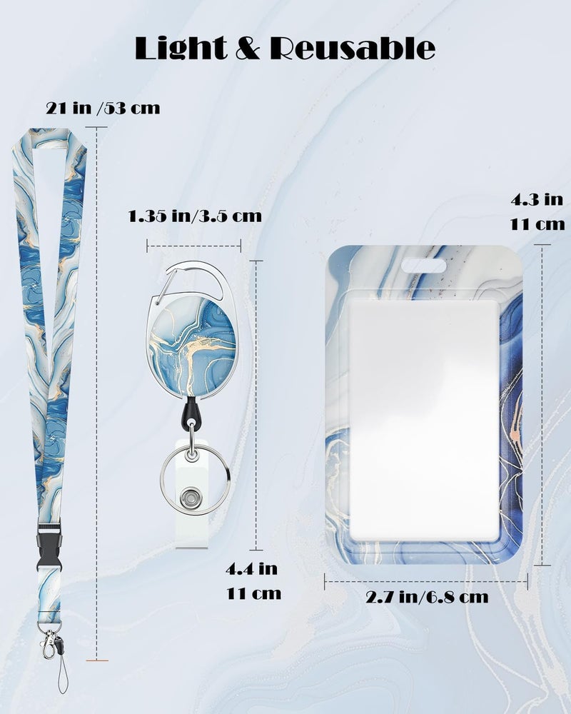 Uniclife Marbling Sliding Badge Holder Blue Marble Pattern Plastic Card Holder with Retractable Badge Reel Carabiner Detachable Lanyard Vertical Card Protector for Office Worker Nurse Teacher Student - Image 4